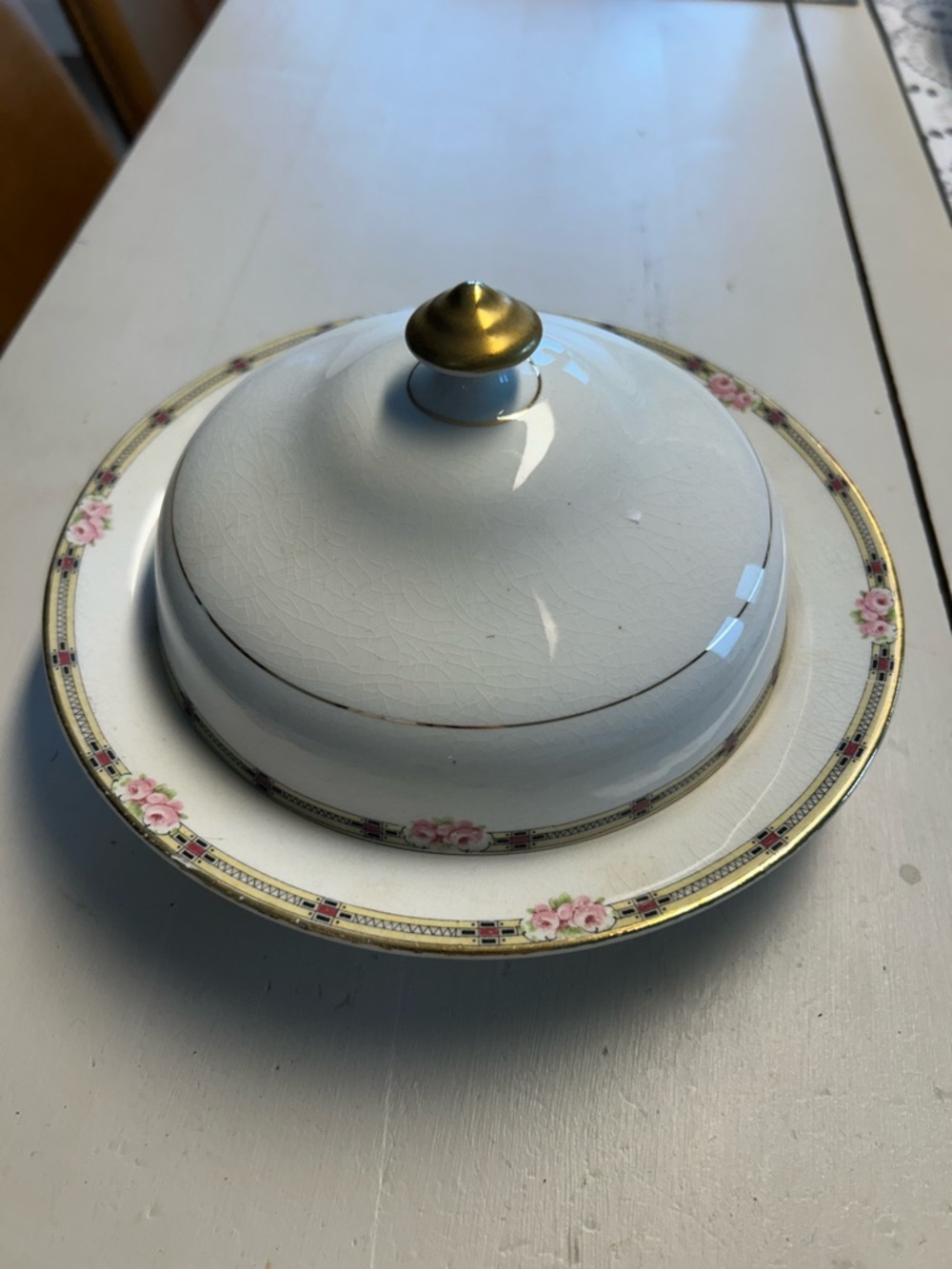White Porcelain Covered Butter Dish with Floral and Gold Trim. Likely Noritake